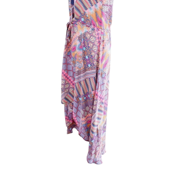 Tolani Silk Geometric Print Drawstring Waist Hi Lo Maxi Dress Pink Blue sz S - Picture 3 of 8